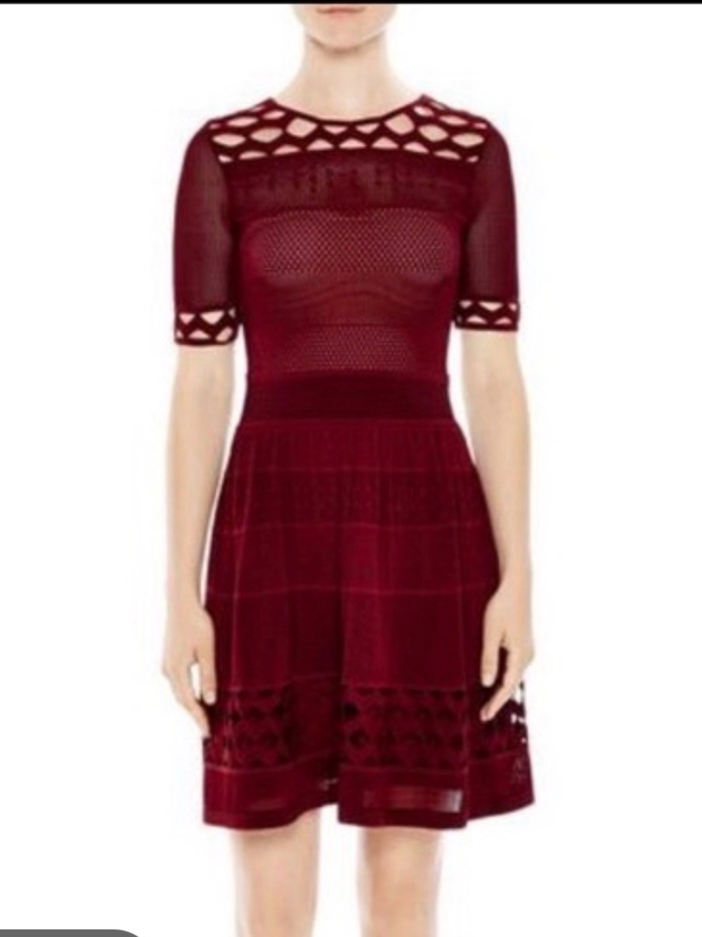 Sandro Paris laser cut Fit-and-Flare Dress in Deep Wine